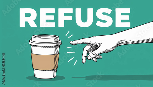Conceptual illustration of a hand refusing a disposable coffee cup. Zero waste and environmental awareness concept. Hand-drawn vector graphic for saying no to plastic