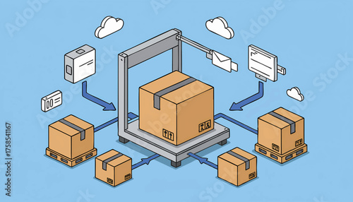 Isometric illustration of a logistics and supply chain concept. E-commerce order fulfillment and package distribution process. Vector graphic for warehouse automation and delivery services
