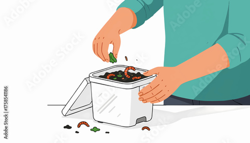 Person adding food scraps to a worm compost bin. Vermicomposting and organic waste recycling concept. Flat design vector illustration