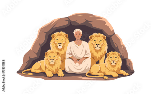 Daniel in the lions den, a biblical story of faith and courage, depicting a man surrounded by lions in a cave