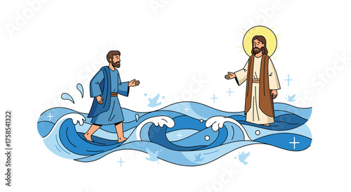 Jesus walking on water to meet peter miracle, faith, and divine power concept vector illustration of biblical scene