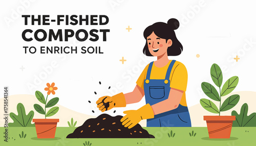 A woman using compost to enrich soil for gardening. Flat design vector illustration of a female gardener with plants. Organic farming and sustainability concept