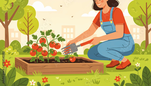 A woman gardening and tending to tomato plants in a raised bed. Flat design vector illustration of urban farming and a healthy lifestyle.