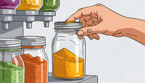 Hand closing a spice jar at a bulk food store. Zero-waste and sustainable shopping concept. Cartoon vector illustration isolated on a white background