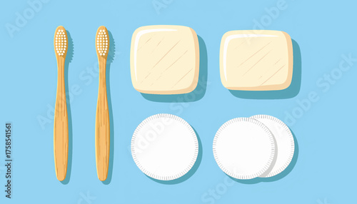 Zero waste personal care items set. Eco-friendly bamboo toothbrushes, solid soap, and reusable cotton pads. Flat design vector illustration for a sustainable lifestyle