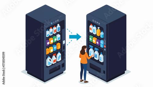 Isometric illustration of automated retail. Woman buying household cleaning supplies from a vending machine. Modern commerce and convenience concept vector design