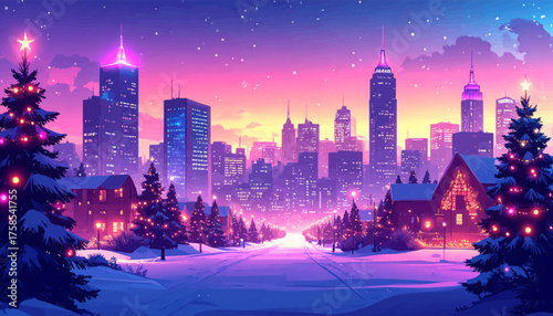 Snowy streets adorned with Christmas trees and glowing city towers. Festive holiday lights illuminating a winter city with snow." A magical holiday city with snow, lights, and a joyful atmosphere