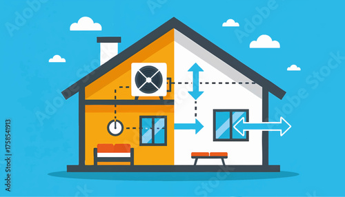 HVAC system in a house cutaway view. Air conditioning and heating concept with air flow arrows. Flat design vector infographic for home climate control