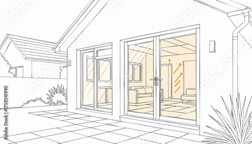 Illustration of passive solar heating in a modern house. Energy efficiency and sustainable architecture concept. Technical line art diagram vector graphic