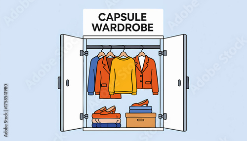 Capsule wardrobe concept vector illustration. Minimalist closet with organized clothing. Flat design for sustainable fashion and style