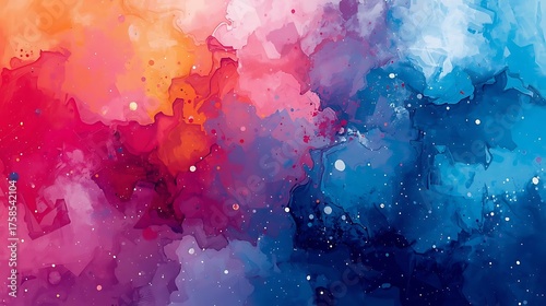 Vibrant abstract watercolor splash background with a cosmic feel and scattered white specks