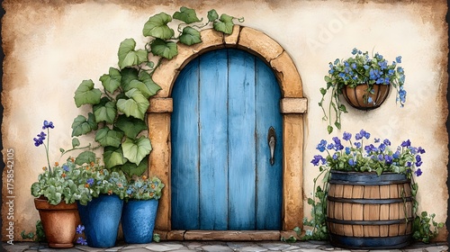 Blue wooden door framed by stone arch and lush green plants.