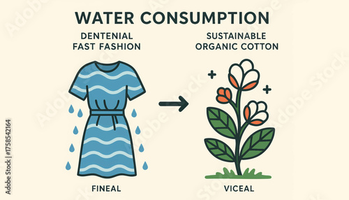 An infographic comparing water consumption in fast fashion versus sustainable organic cotton. Vector illustration of an eco-friendly and ethical choice concept