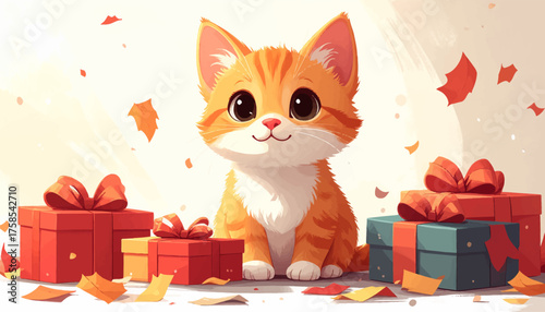 dorable kitten surrounded by presents, creating a cozy holiday scene. Sweet orange cat near gifts and festive decorations. Charming kitten with wrapped presents and cozy holiday atmosphere