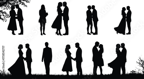 Romantic couple silhouette collection of people in love, kissing, holding hands, standing together, relationship, wedding, romance, affection, and emotional connection vector illustration