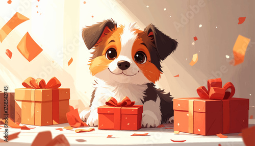 Cute puppy playing with colorful gifts and ribbons this holiday season. Adorable dog surrounded by presents, ribbons, and festive cheer. Playful puppy with gifts, enjoying a merry holiday atmosphere