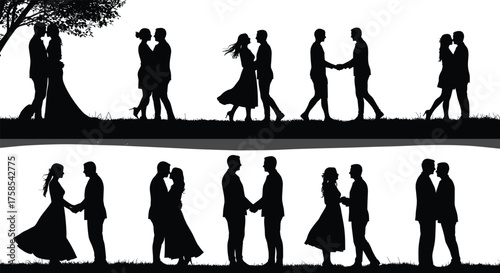 Romantic couple silhouette vector collection, man and woman holding hands, kissing, walking and hugging poses illustration for love, wedding, Valentine’s Day, and relationship concept design