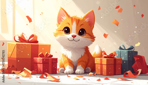 Charming kitten surrounded by colorful presents for Christmas. Adorable orange cat among festive gifts with ribbons. A playful kitten enjoying the holiday atmosphere with presents