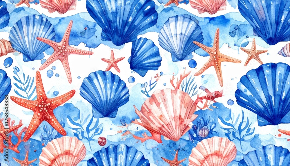 seamless pattern with blue shells starfish coral underwater ocean marine elements