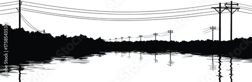 Scenic silhouette landscape of electric power lines and utility poles reflecting on water surface, detailed rural energy transmission vector illustration for industrial background