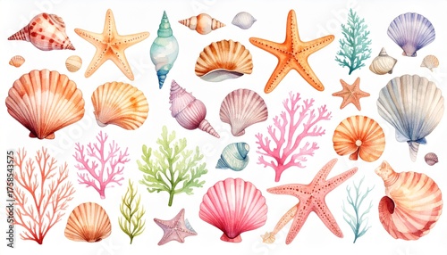 watercolor collection of seashells starfish coral seaweed marine elements set isolate 