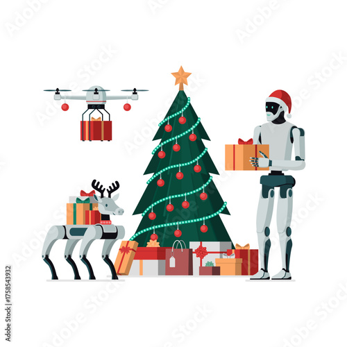 Robotic AI Santa Claus, reindeer and drone celebrating and delivering Christmas gifts