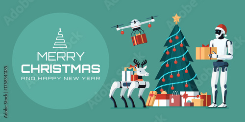 Christmas banner with robotic Santa Claus and wishes