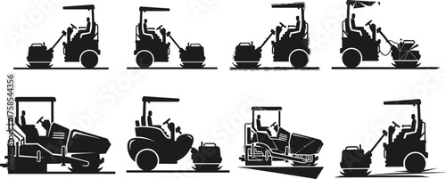 Road construction equipment silhouettes, asphalt paver, compactor, roller, heavy machinery, industrial vehicle, black icon, vector graphic, civil engineering, transportation