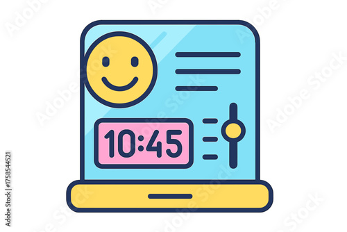 Smiley alarm clock with time display and adjustable setting dial smart mirror interface