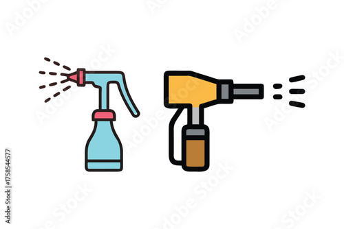 Two spray bottles emitting liquid droplets simple line art illustration