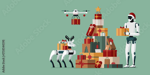 AI robot Santa Claus, robot reindeer and drone delivering Christmas gifts