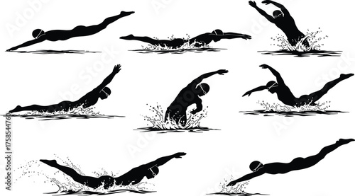 Butterfly Stroke Swimming Silhouette Set Showing Dynamic Motion, Water Splash, Athletic Technique, Swim Cap, Goggles, Competitive Sports, Vector Illustration