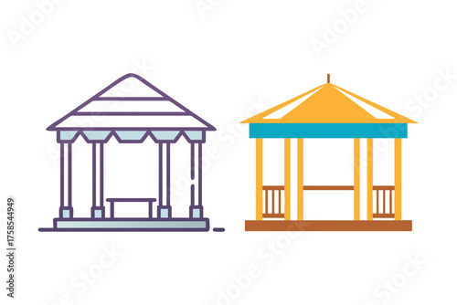 Two colorful gazebo designs with architectural details shown in flat vector style