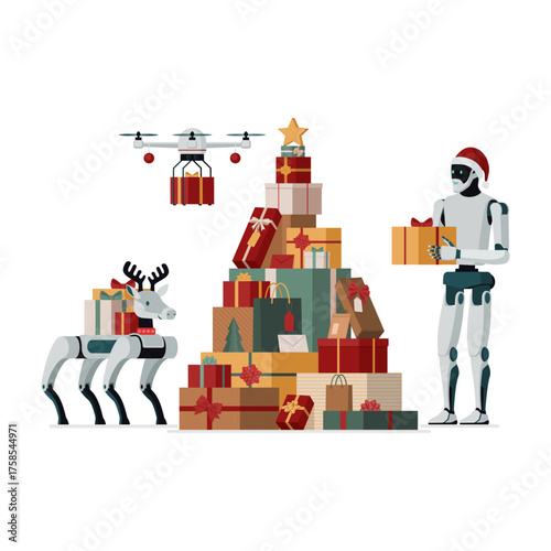 AI robot Santa Claus, robot reindeer and drone delivering Christmas gifts