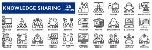 Knowledge Sharing icon collection set. containing learning, training, coaching, mentoring, and knowledge exchange. Ideal for education, teamwork, online learning, and corporate training visuals.