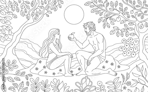 Adam and eve in the garden of eden, a biblical tale of temptation and the fall of humanity, depicted in a detailed line art illustration