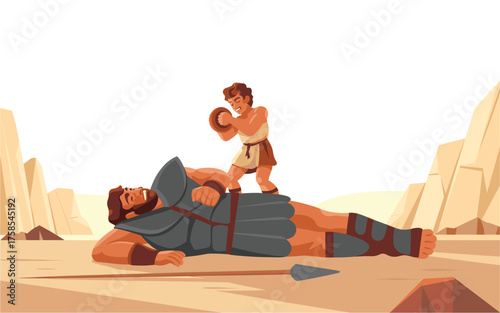 David standing on goliath after defeating him with a sling and stone, a biblical story of courage and faith