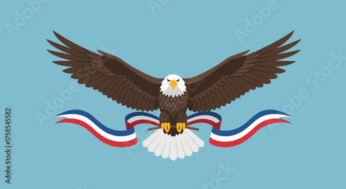 American bald eagle with spread wings holding a patriotic red, white, and blue ribbon, symbolizing freedom and national pride