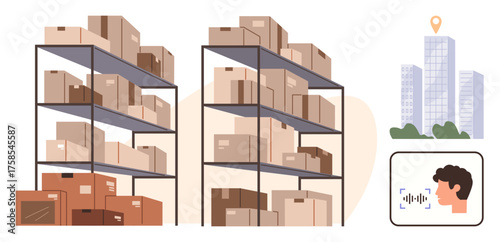 Stacked warehouse shelves with packages alongside voice recognition and location icons. Ideal for logistics, inventory, supply chain, storage, technology, digital tools, and automation. Simple flat
