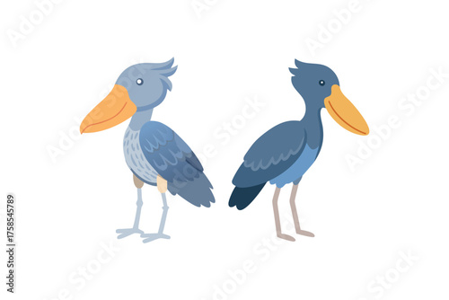 Two stylized shoebill storks are depicted facing opposite directions