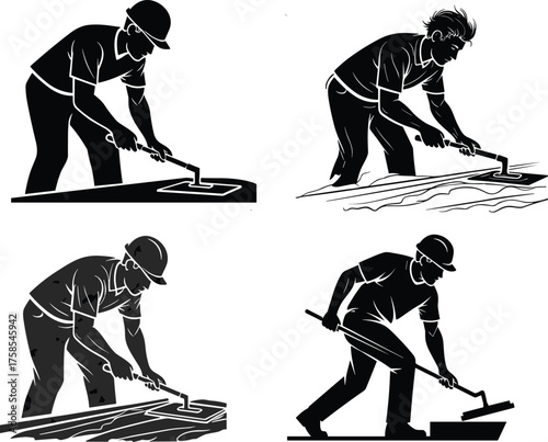 Construction workers silhouette, roller painting, surface coating, safety gear, manual labor, vector graphic, black icon, building site, sealing work, posture