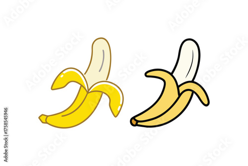 Two yellow bananas one peeled and one unpeeled isolated on white