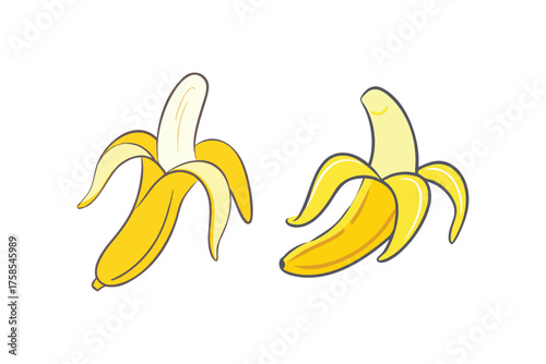 Two ripe bananas one partially peeled displayed against a white background