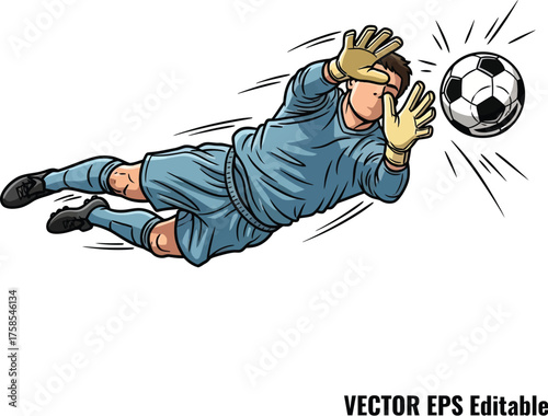 Male soccer goalkeeper diving to catch ball in blue uniform football goalie