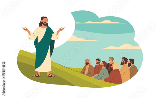 Jesus christ preaching to a group of people on a hill, , illustration of the sermon on the mount with jesus as a teacher