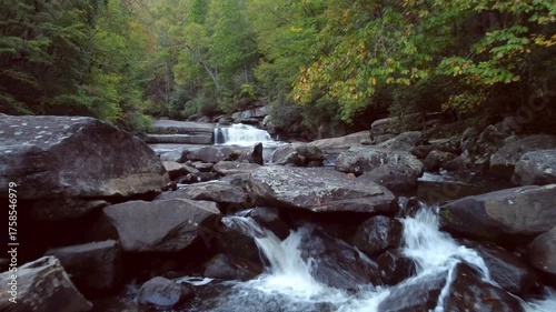 Very low drone shot over waterfalls and stream in the Blue Ridge Mountains of North Carolina