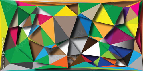 Colorful abstract geometric mosaic of triangles with sharp edges and shaded facets creating a vibrant and modern polygonal art background with a faceted crystal effect