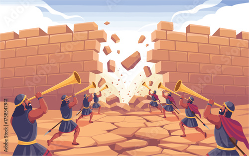 Illustration of the walls of jericho falling after joshua and the israelites marched around it for seven days, blowing their trumpets