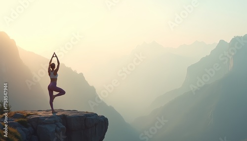 Young woman practicing yoga on cliff overlooking mountains at sunset  