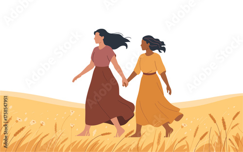Illustration of ruth and naomi walking together in a field of wheat, symbolizing friendship, loyalty, and support